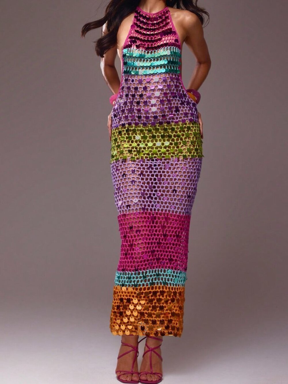Multicolor Casual Women's Multicolour Open Knit Crochet Sequin Halterneck Dress